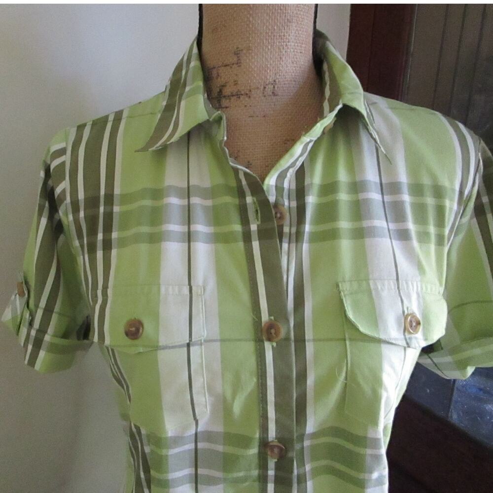 Vintage Jaclyn Smith Button Up Shirt M Green Plaid Short Sleeves Casual Prep 90s - Picture 7 of 17
